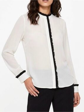 Zara Women’s Ruffled White and Black Long Sleeve Blouse XS
